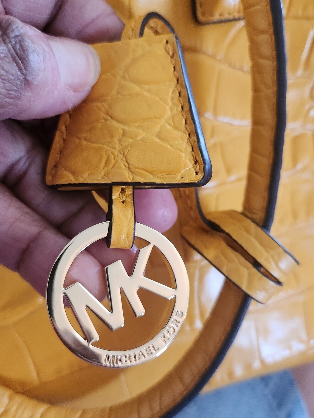 Michael Kors Yellow Croc-Embossed Satchel with MK Charm and Several Compartments - Picture 8 of 10